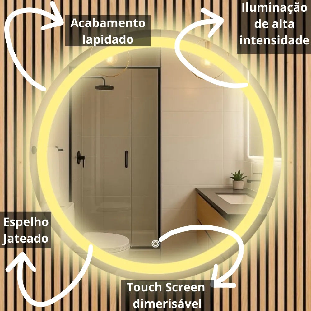 Espelho Redondo Jateado com LED e Botão Touch Screen